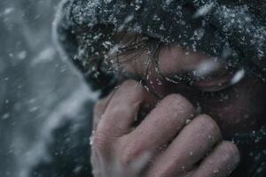 A man covering his face in freezing snow and wind, captured in a dramatic close-up. Ideal for illustrating extreme winter weather, survival, and emotional resilience. photo