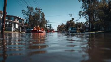 Rescue workers use inflatable boats to evacuate people from a flooded suburban neighborhood. Perfect for illustrating emergency response, natural disaster coverage, and environmental awareness topics. photo