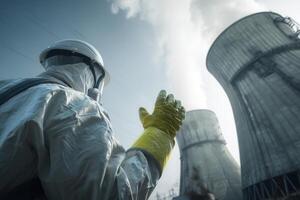 A worker in a protective suit and gloves waves near the cooling towers of a nuclear power plant. The image captures safety measures and the importance of personal protection at industrial sites. photo