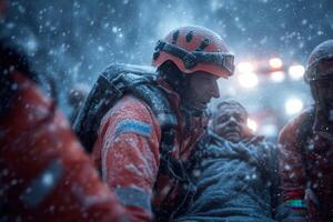 Rescue team evacuating an injured man in severe snowfall during an emergency. Ideal for visuals on disaster relief, emergency response, survival conditions, and extreme winter environments. photo