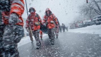 Rescue workers evacuate a victim on a stretcher during an intense snowstorm in an urban setting. Strong visual for depicting teamwork, emergency response, and harsh winter survival efforts. photo