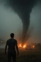 A man stands alone in the dark as a fiery tornado rages ahead in a stormy landscape. Powerful visual for use in climate topics, disaster scenarios, and emotional or cinematic storytelling. photo