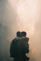 A father holding his child on his back, navigating a smoky urban street. This emotional image symbolizes human resilience, protection, and survival during a disaster or crisis. photo