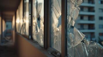 Urban hallway with broken glass windows illuminated by cool natural light. Perfect for dramatic scenes, crisis visuals, or symbolic concepts of damage and abandonment. photo