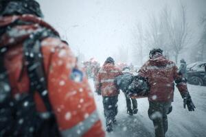 Rescue workers evacuate an injured person in a blizzard using a stretcher. Captures urgency and teamwork during winter emergencies and natural disasters. Ideal for crisis and survival visuals. photo
