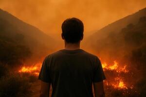 A man stands alone watching a wildfire rage through a smoky mountain valley. Ideal for projects on environmental crisis, survival, natural disasters, and climate emergency topics. photo