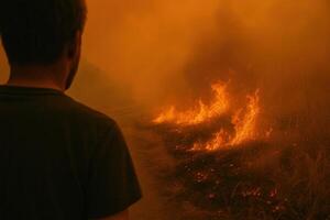 A man stands at the edge of a wildfire, watching flames advance along a smoky hillside trail. Great for use in environmental journalism, climate awareness projects, and crisis visuals. photo