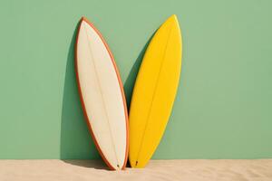 Two colorful surfboards stand against a pastel green wall on sunlit sand. A bold minimalist scene ideal for vacation themes, surf culture visuals, and creative summer content photo