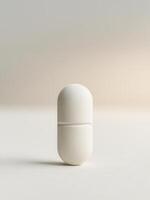 Minimalist image of a single white pill standing upright on a soft, light background. Great for health industry designs, supplement packaging, or pharmaceutical branding visuals. photo