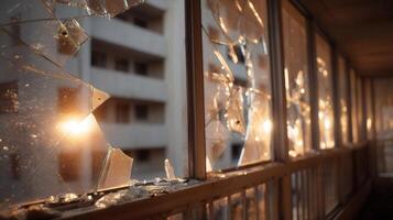 Broken glass windows in a damaged urban hallway glowing with warm sunset light. Ideal for dramatic scenes, post-disaster visuals, or emotional and symbolic compositions. photo