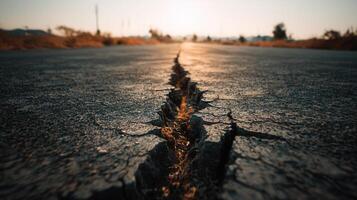A fractured asphalt road captured in warm morning light with a deep crack running down the center. Great for visuals on seismic events, climate impact, and urban decay concepts. photo