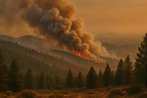 Wildfire raging across forested mountains under a hazy orange sky at sunset. Perfect for illustrating climate change, emergency response, deforestation issues, or news-related stories. photo