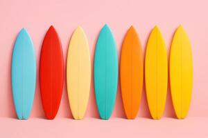 A lineup of colorful surfboards arranged against a pastel pink background. A bold and vibrant summer composition great for beach lifestyle, youth visuals, and creative surf-themed content photo