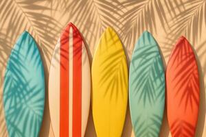 A row of colorful surfboards with palm leaf shadows. Surf lifestyle image in vibrant beach color palette. Perfect for commercial use, outdoor visuals, brand campaigns, and adventure storytelling photo