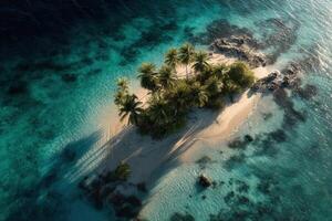 Tropical island with palm trees surrounded by turquoise waters captured from above Serene atmosphere ideal for travel campaigns vacation promotions tropical backgrounds and nature projects photo