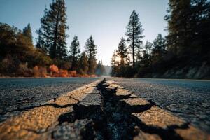 Cracked asphalt road cutting through a pine forest at golden hour. Great for concepts of infrastructure collapse, natural erosion, or metaphorical journeys through uncertainty and damage. photo