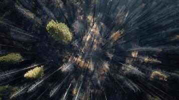 Aerial perspective of a charred forest after wildfire with a few green trees still standing. Great for topics like climate change, nature recovery, and environmental impact visuals. photo