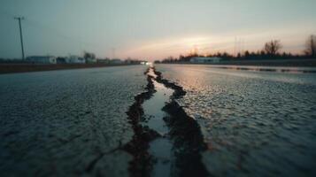 A cracked and flooded road captured at dusk after heavy rain. The moody lighting highlights environmental damage and urban vulnerability, perfect for editorial and climate-related themes. photo