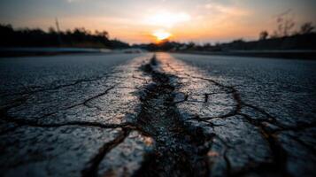 A cracked asphalt road surface with a deep fracture leading toward a glowing sunset. Perfect for themes on seismic risk, infrastructure vulnerability, or extreme weather effects. photo