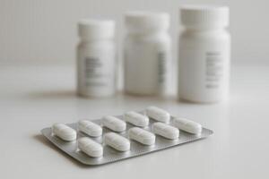 White capsules in a silver blister pack placed on a clean surface with unfocused white pill bottles in the background. Perfect for pharmacy branding, healthcare ads, and supplement packaging design. photo