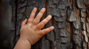Child's hand exploring the rough texture of a tree trunk in a serene setting photo