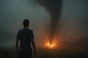 Dramatic visual of a man confronting a fiery tornado amidst dark storm clouds, highlighting danger and urgency. Perfect for climate change awareness, disaster preparedness, or cinematic storytelling. photo