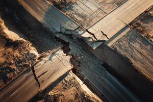 Aerial photo of a destroyed highway intersection after a major earthquake. The dramatic damage showcases the vulnerability of infrastructure and is perfect for disaster-related visuals.