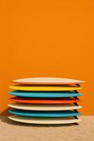 A stack of colorful surfboards leaning against a bright orange wall on sandy ground. Perfect for summer visuals, surf culture, vacation concepts, and eye-catching lifestyle content photo