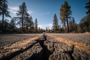 A large crack runs through a rural road surrounded by tall pine trees under a clear blue sky. Perfect for use in topics related to earthquakes, natural disasters, and environmental concerns. photo