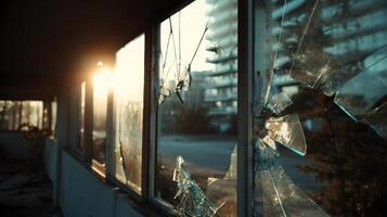 Broken windows in a deserted building glowing with golden sunlight. Suitable for cinematic scenes, urban decay concepts, and visuals of destruction, silence, or loneliness. photo