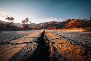 Cracked asphalt road in a desert mountain setting during sunset. Excellent for illustrating climate challenges, rural infrastructure decay, or symbolic visual metaphors of division and transition. photo