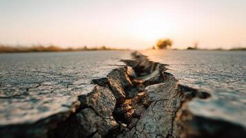 A cracked asphalt road under the golden sunset light, showing deep surface fractures. Great for themes on natural disasters, earthquake aftermath, and infrastructure vulnerability. photo