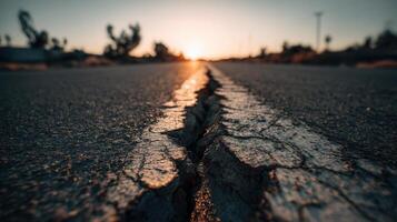 A cracked asphalt road stretches into the distance under sunset light, symbolizing destruction, change, and resilience. Great for environmental, infrastructure, or seismic visuals. photo