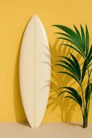 Cream surfboard and tropical plant create a minimalist beach vibe with yellow wall and sand. Great for summer lifestyle concepts, vacation promotions, and tropical-themed visuals photo