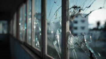 Shattered glass in a broken window of an abandoned building with a blurred city in the background. A detailed and dramatic image for themes of damage, conflict, or urban decay. photo