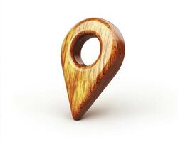 Wooden Map Pointer Standing on White Background Location and Navigation Concept photo
