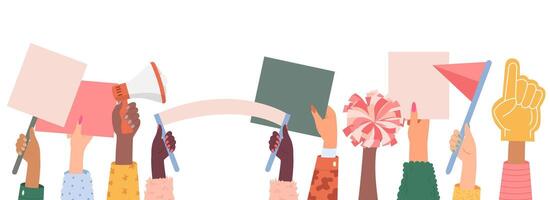 Hands up flat icons set. Fun foam finger and football attributes. Show support by different ways. Megaphone, cheerleader pom poms, flags. Hand with numbers for cheering. Color isolated illustrations vector
