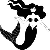 Black and white bold illustrations of a mermaid, isolated on white background. vector