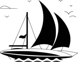 Black and white bold illustrations of a sailing boat, isolated on white background. vector