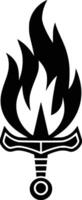 Black and white bold illustrations of a flaming sword, isolated on white background. vector