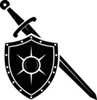 Black and white bold illustrations of a shield and sword, isolated on white background. vector