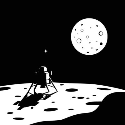 Black and white bold illustrations of a moon surface landing, isolated on white background.
