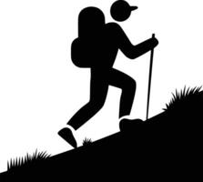 Black and white bold illustrations of a hiker on trail, isolated on white background. vector