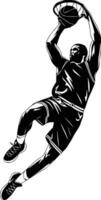 Black and white bold illustrations of a basketball player dunking, isolated on white background. vector