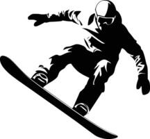 Black and white bold illustrations of a sProwboarder jumping, isolated on white background. vector