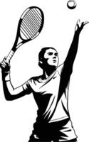 Black and white bold illustrations of a tennis player serving, isolated on white background. vector