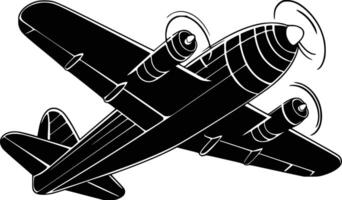 Black and white bold illustrations of a flying airplane, isolated on white background. vector