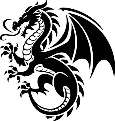 Black and white bold illustrations of a dragon shield, isolated on white background.