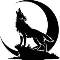 Black and white bold illustrations of a wolf howling at moon, isolated on white background. vector