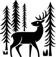 Black and white bold illustrations of a deer in forest, isolated on white background. vector